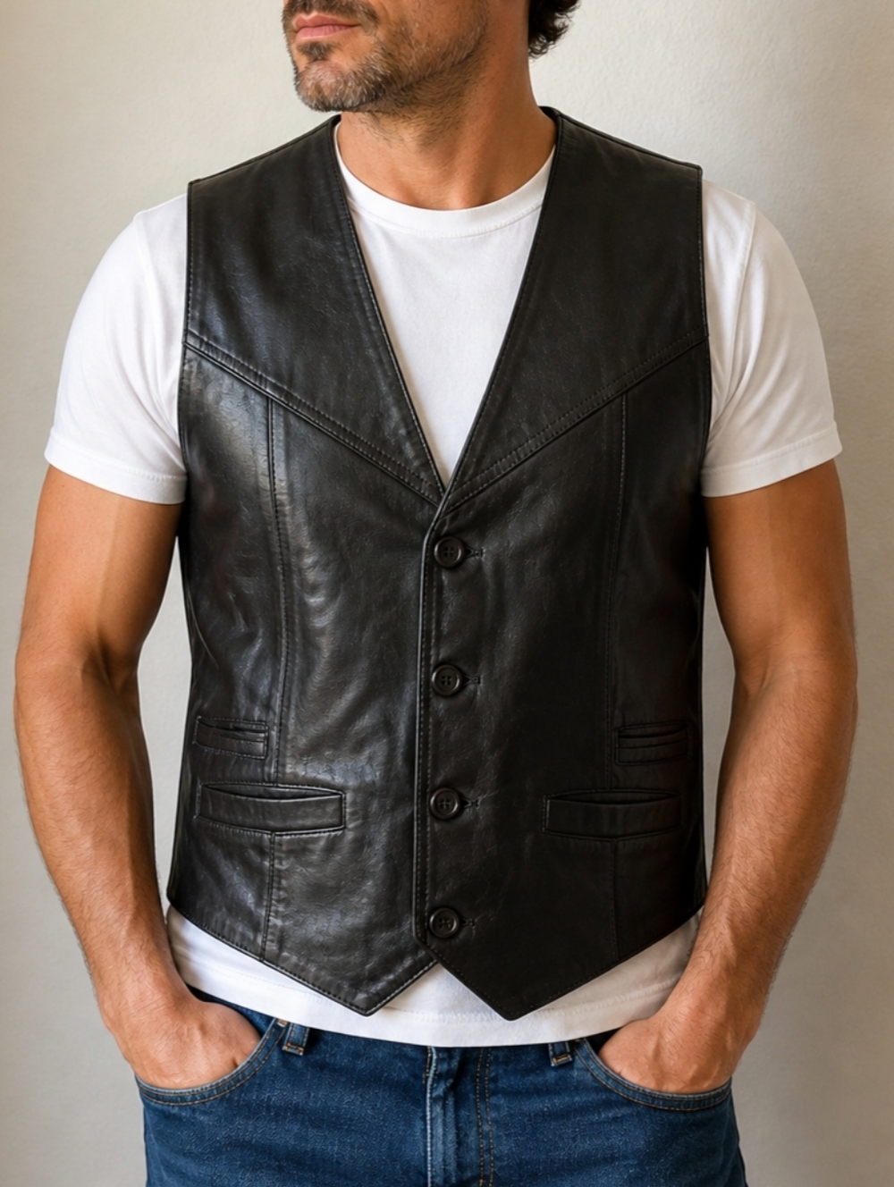 Vintage Chess King Black Leather Button Front Lined Vest   Men Size Large